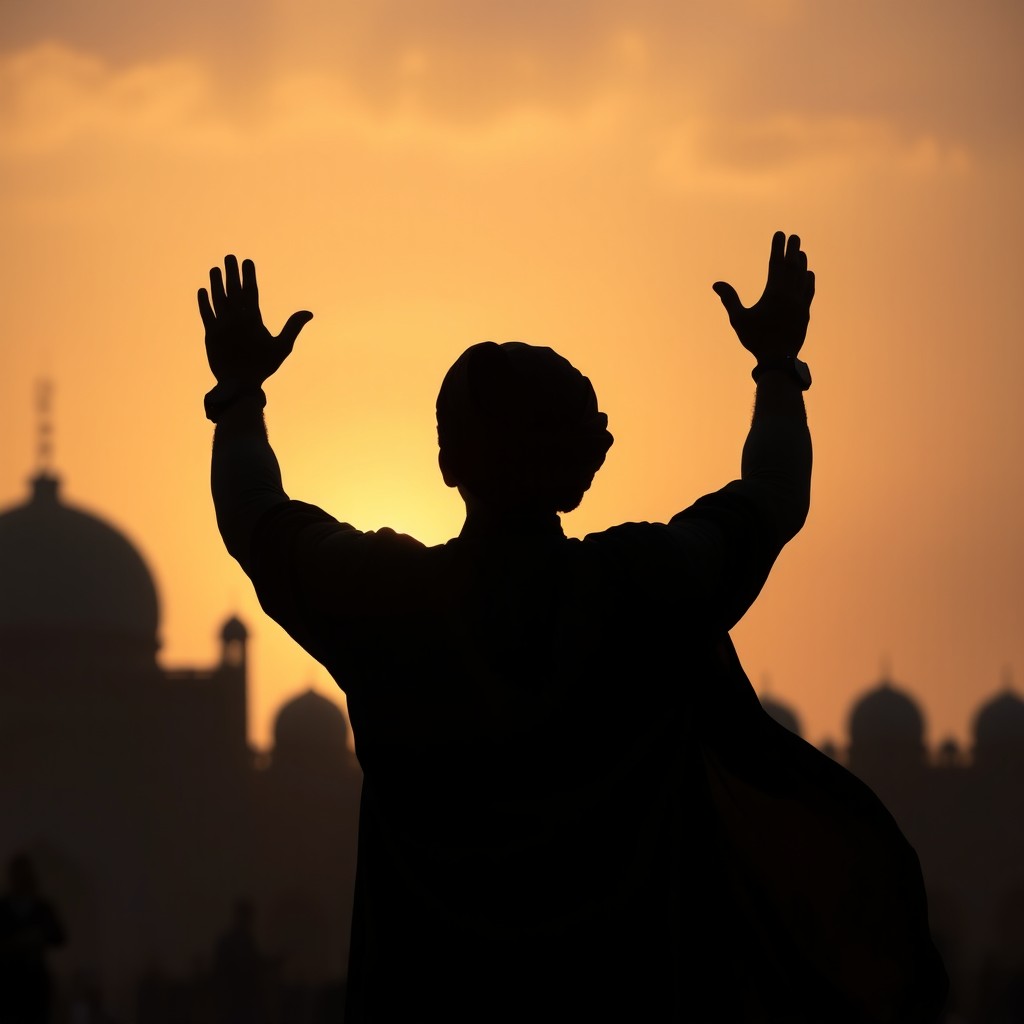 A silhouette of a Muslim man wearing a turban, praying in the 11th century