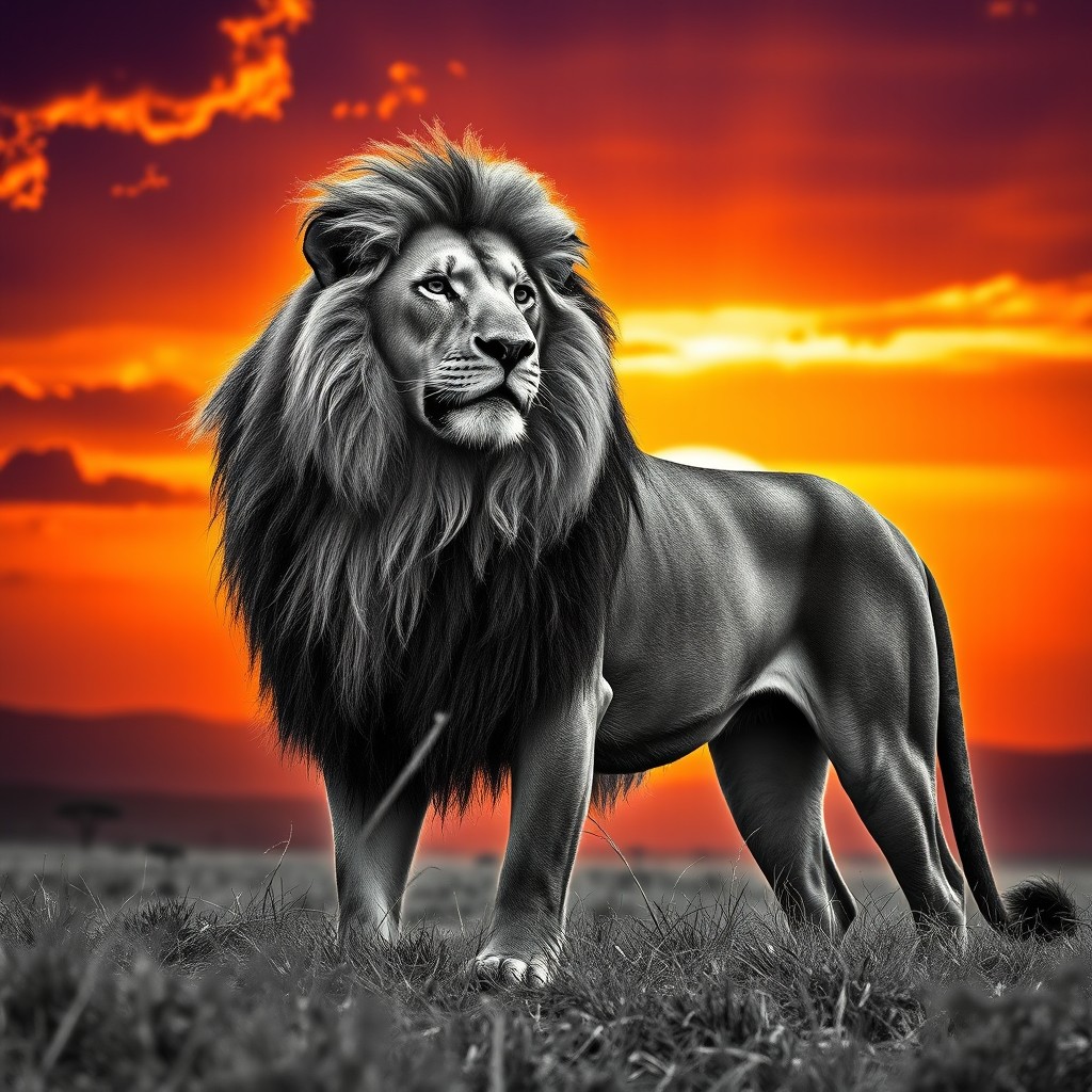 A majestic black and white lion with long, flowing mane, standing proud against a dramatic sunset backdrop