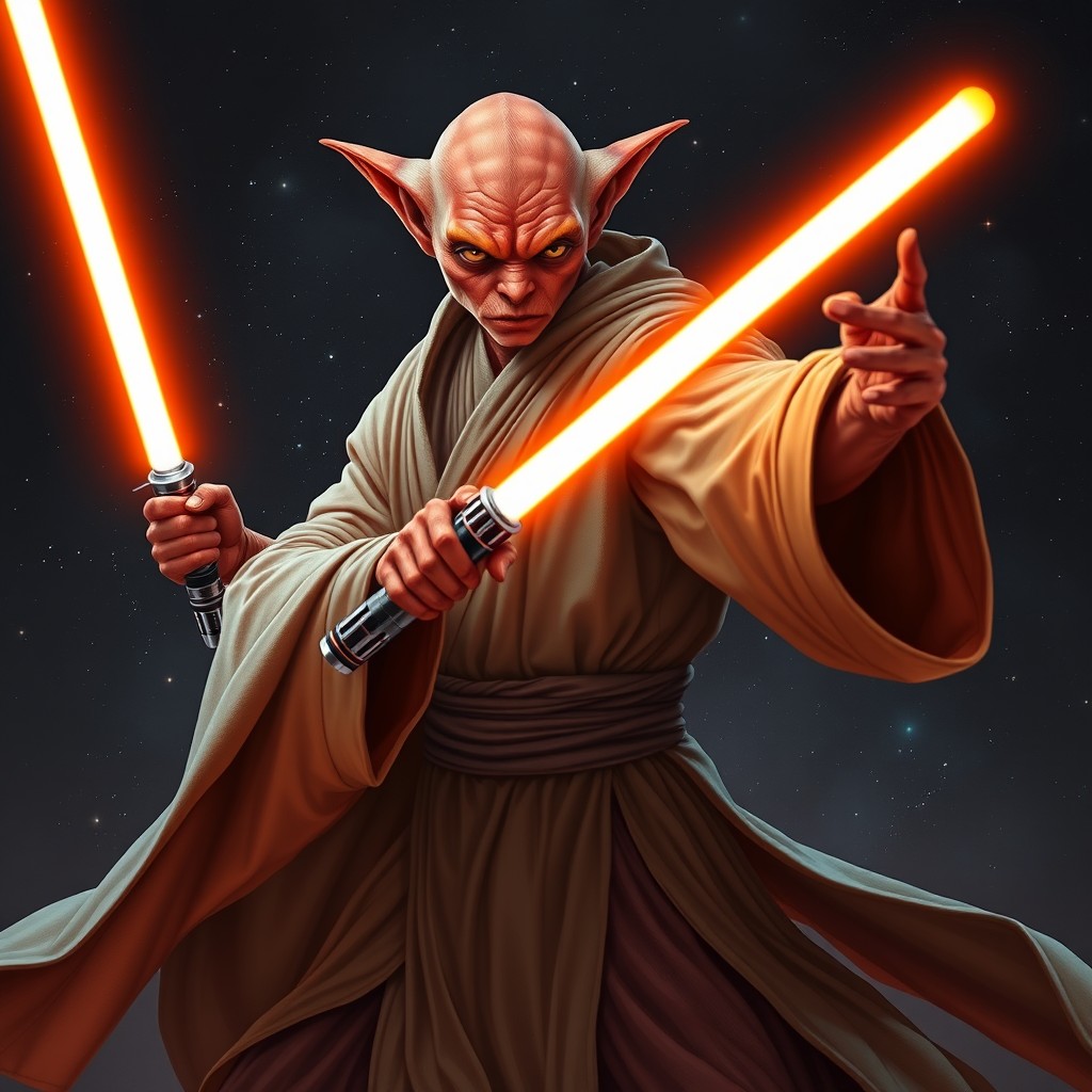 A male kit fisto species with red-orange skin, wearing flowing Jedi robes
