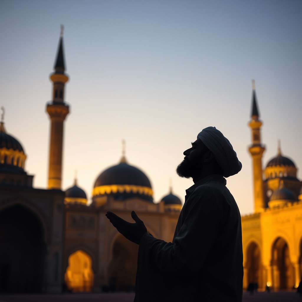 A silhouette of a Muslim man from the 11th century, wearing a traditional turban, immersed in prayer