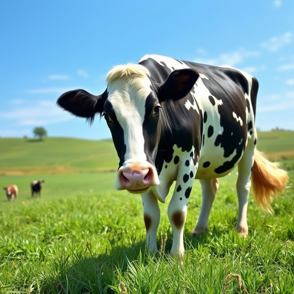 A majestic black and white dairy cow grazing in a lush green pasture under a bright blue sky