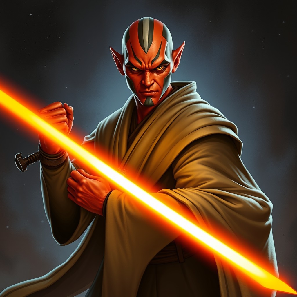 A male Kit Fisto species character with striking red-orange skin, elegantly draped in traditional Jedi robes