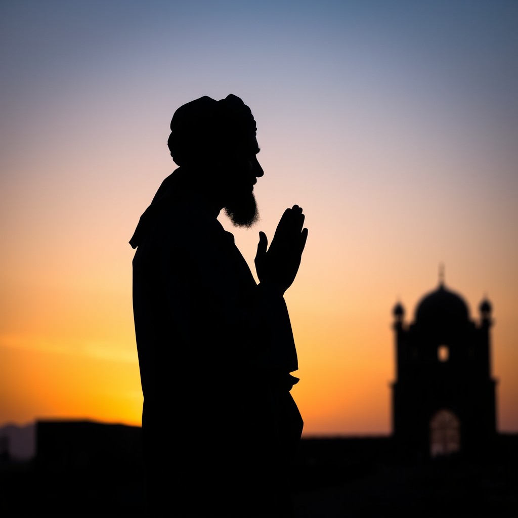 A silhouette of a Muslim man worshipping, dressed in traditional attire from the 11th century, wearing a turban