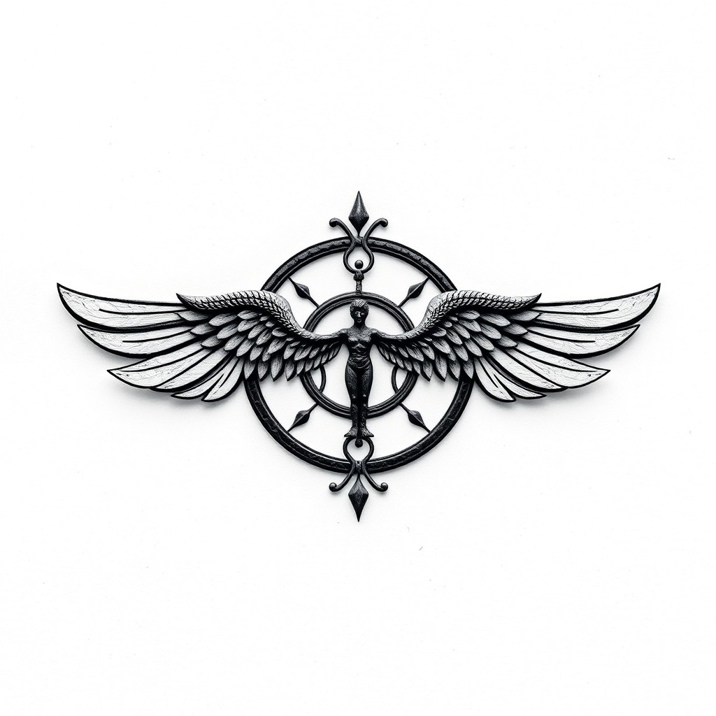 A stunning black and white depiction of a Faravahar, an ancient Persian symbol representing the concept of the spirit or soul in Zoroastrianism