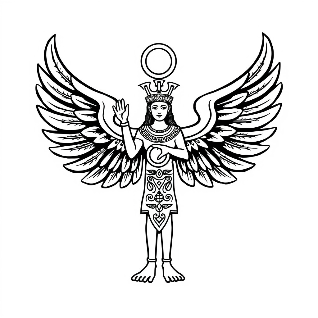A traditional black and white representation of a Faravahar, the ancient Zoroastrian symbol