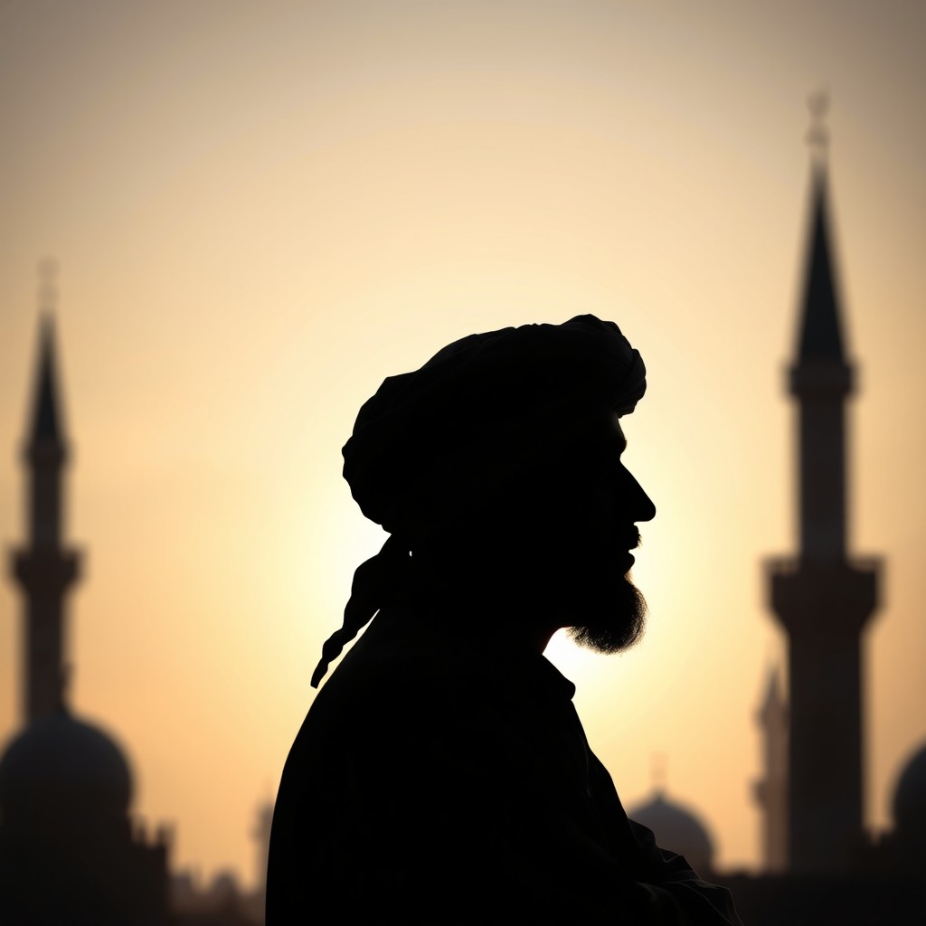 A silhouette of a Muslim man in a turban (sarık) engaged in deep contemplation or reflection, set against a backdrop representing the 11th century Islamic period