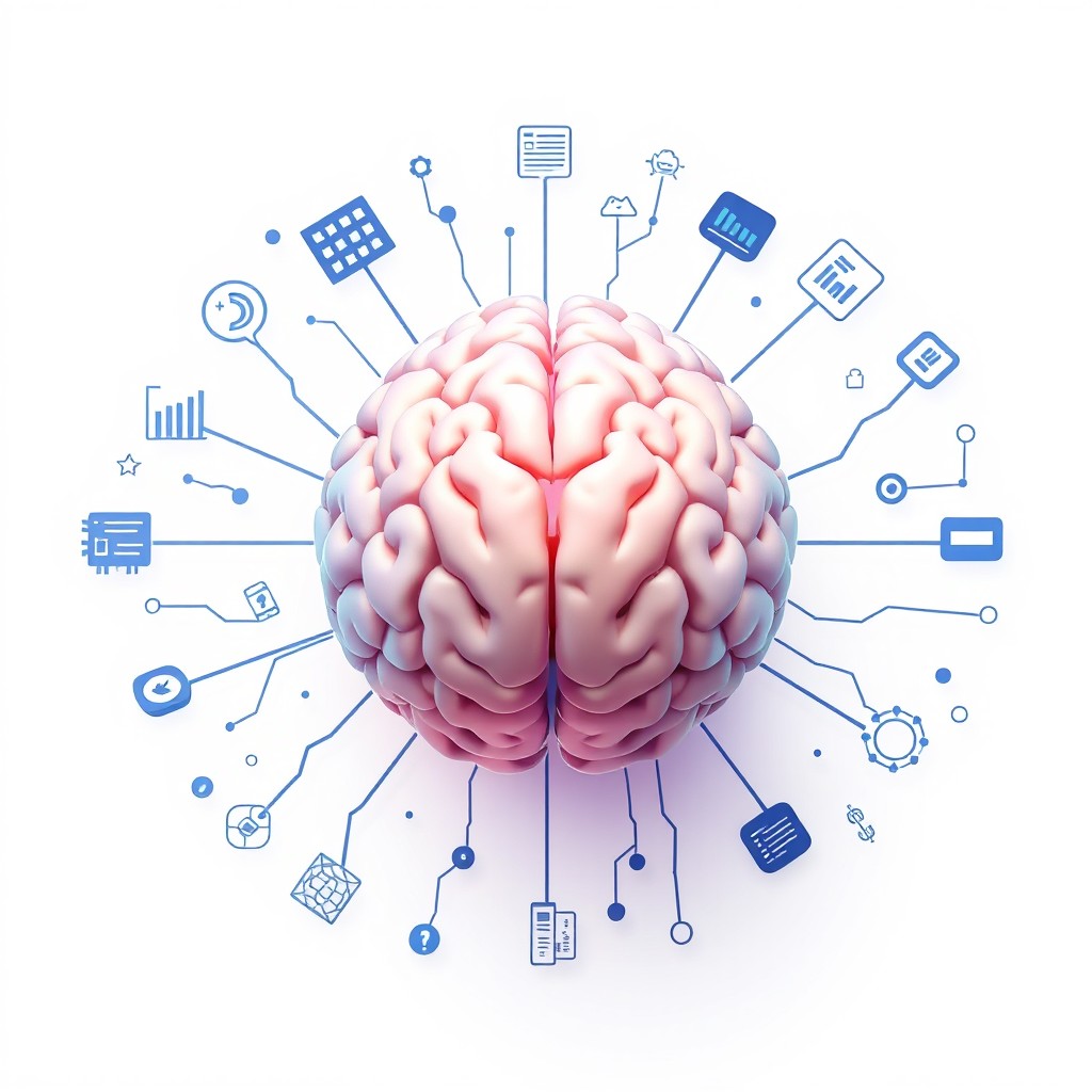 A digital illustration of a human brain viewed from above or in a 3D perspective, surrounded by neural connections and modern visual effects