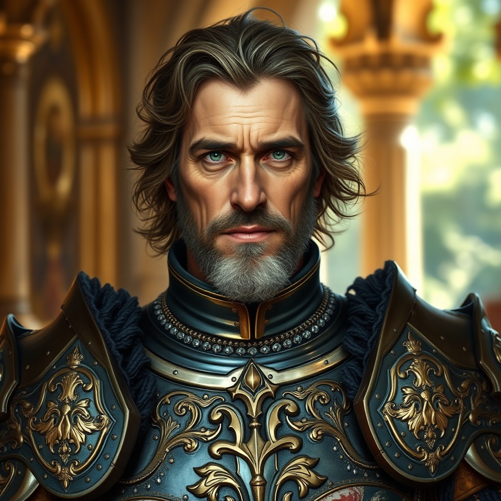 A regal 50-year-old knight with striking green eyes and a luxurious demeanor, standing proudly in ornate armor that reflects his wealth and status