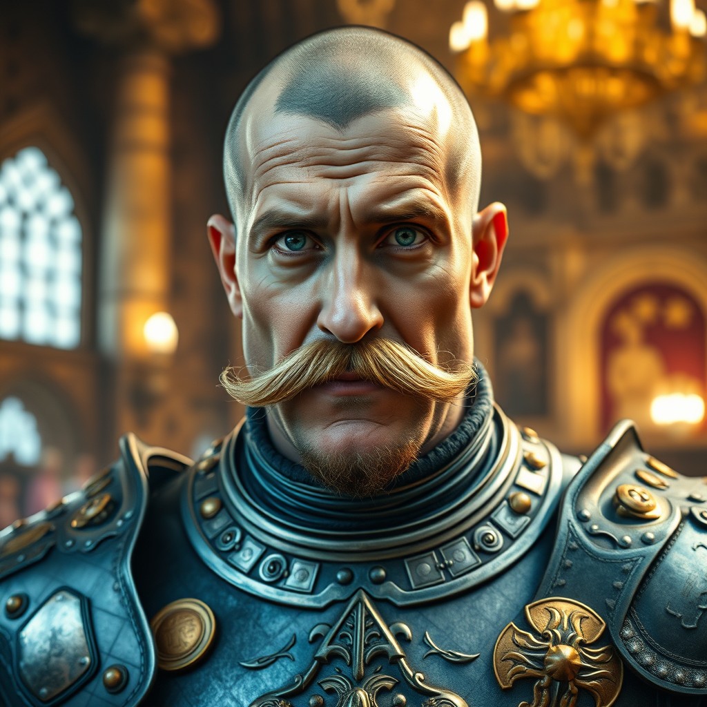 A distinguished 50-year-old knight with vivid green eyes and a look of nobility, featuring shaved sides of his head and a glorious, well-groomed moustache that enhances his commanding presence