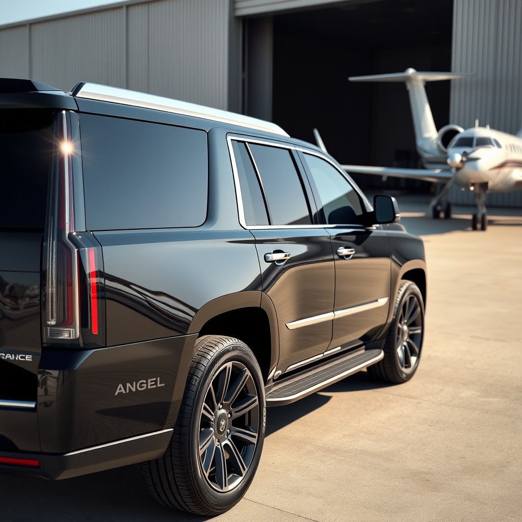 A sleek black 2025 Cadillac Escalade parked at a private airport, showcasing the name 'ANGEL' prominently displayed on the side in an elegant font