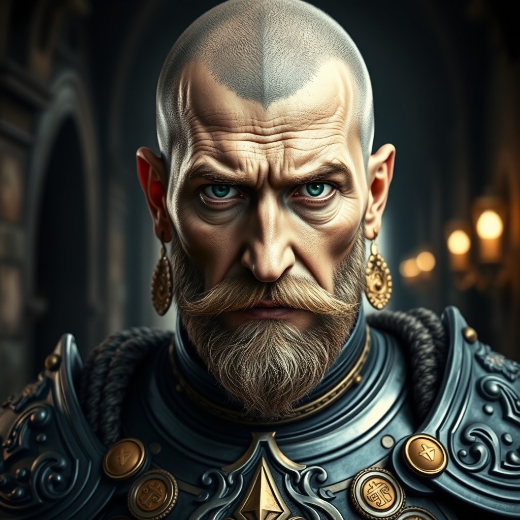 A formidable 50-year-old knight with a distinctive appearance, featuring half of his head shaved and the other half showcasing a well-groomed moustache and beard