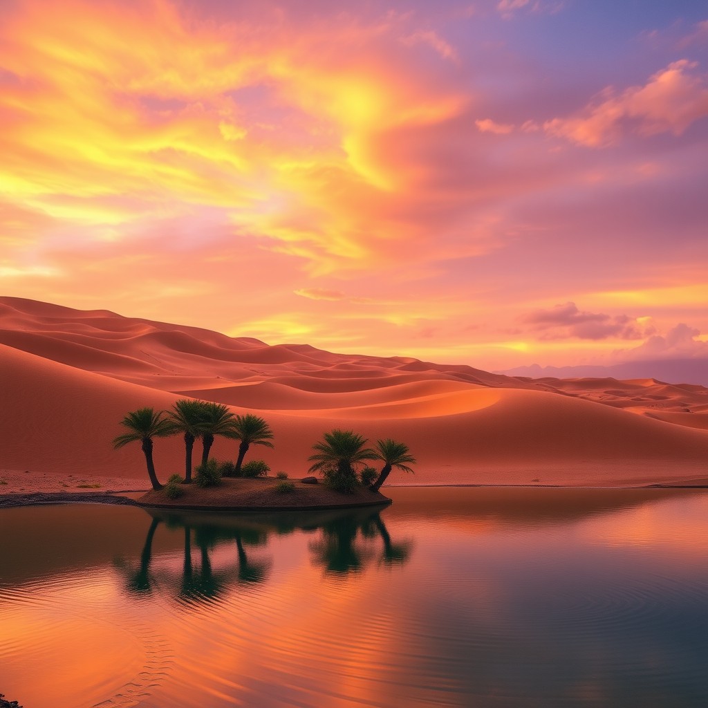 A stunning landscape of a serene desert at sunset, featuring rolling dunes bathed in warm orange and purple hues