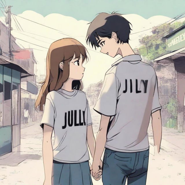 An emotionally charged scene of a boy and girl parting ways. The atmosphere reflects their sadness. The boy wears a shirt with 'July' printed on it, and the girl has 'March' on hers.