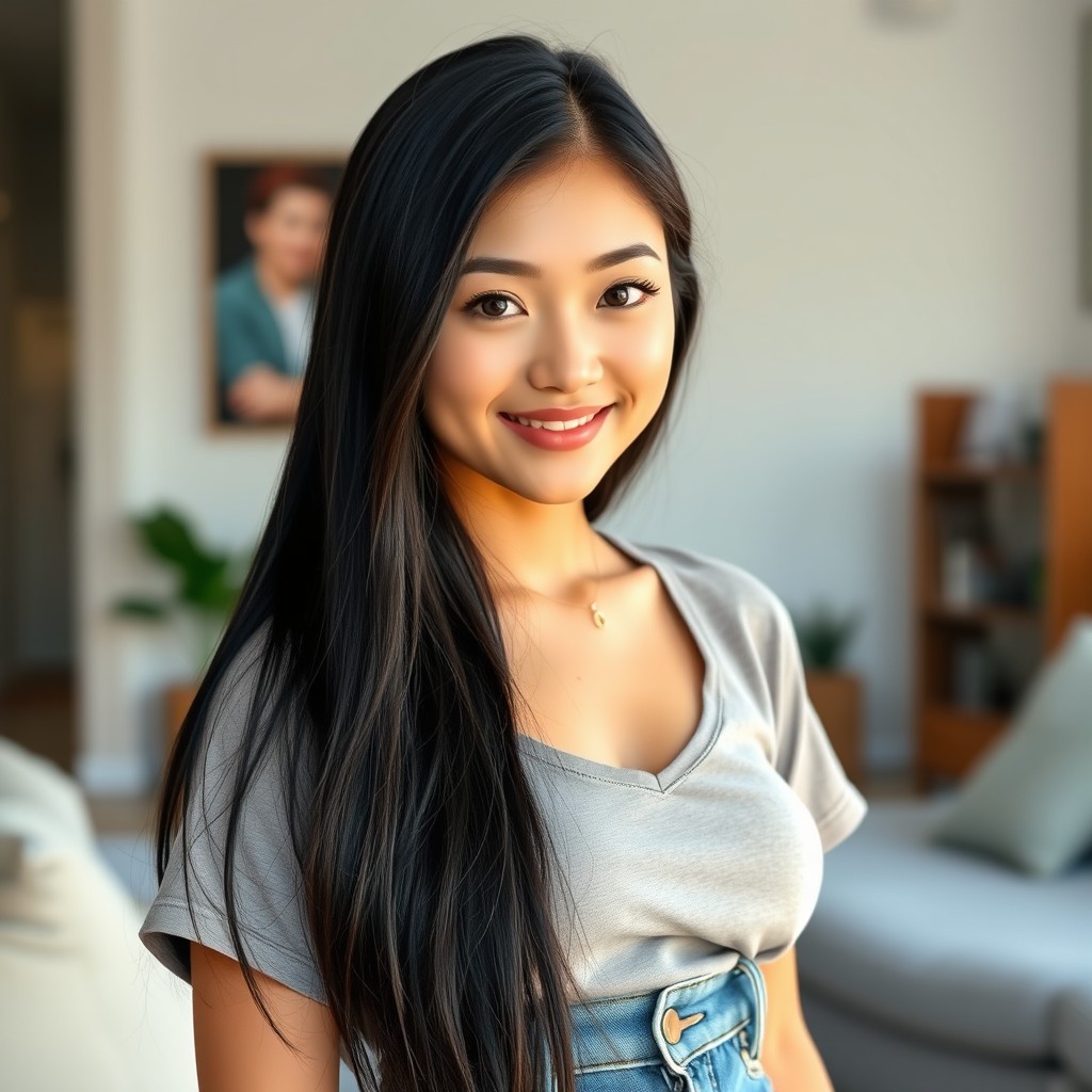 A stylish young woman with long, straight black hair and soft, natural eye color, fair skin tone, and a healthy feminine figure