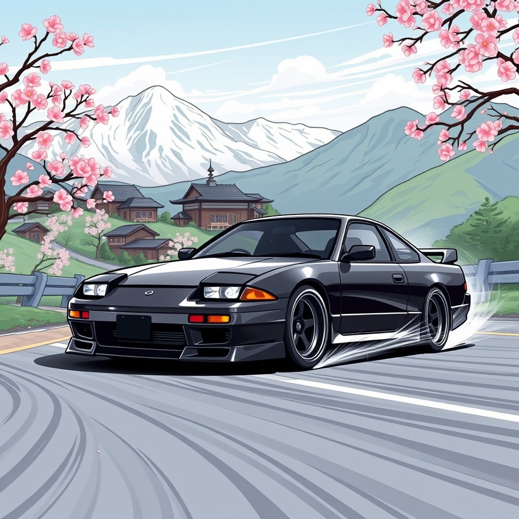 A cartoon-style t-shirt design featuring a sleek black Nissan 180sx drifting gracefully through a picturesque mountain landscape