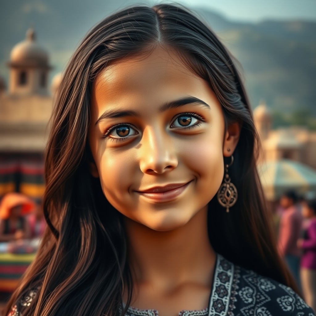 A portrait of a beautiful Syrian girl with warm brown skin, long dark hair elegantly cascading over her shoulders