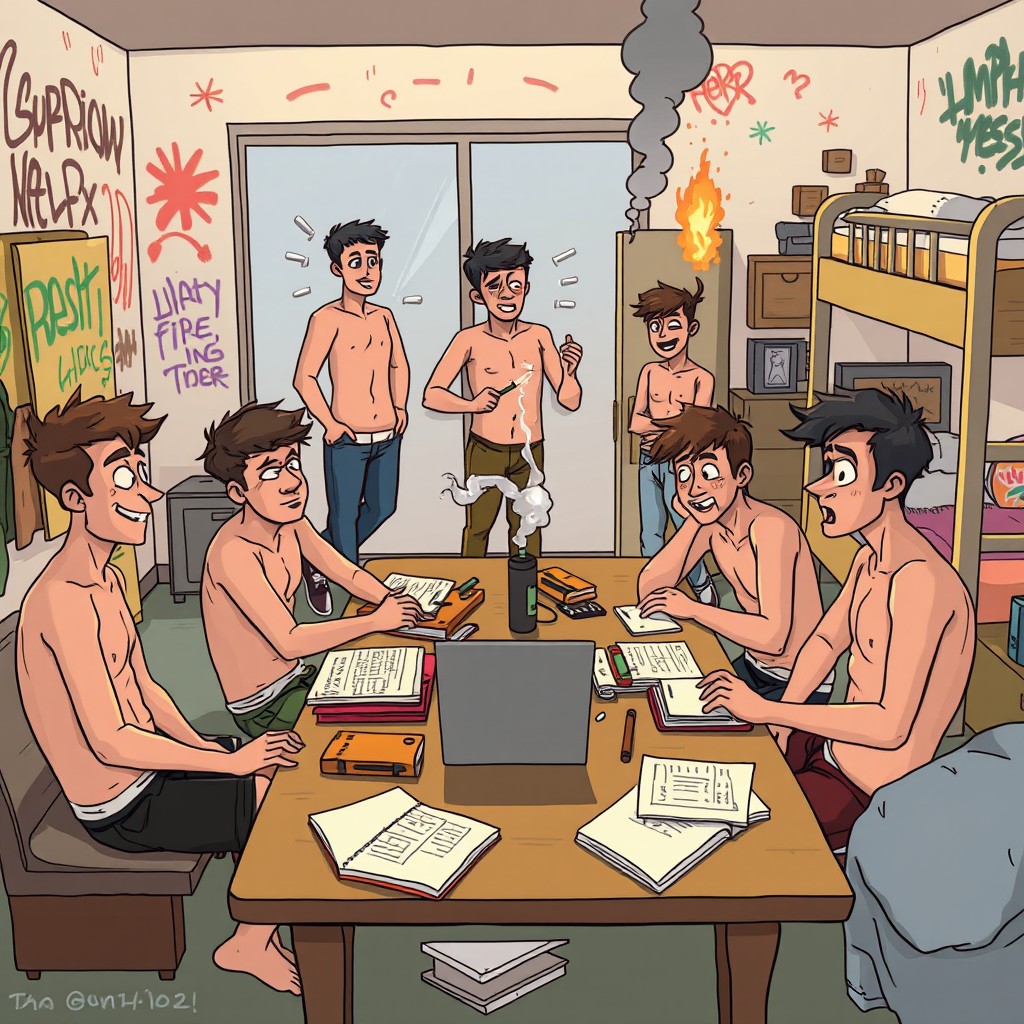 Chaotic Fun in a Hostel: Cartoon-Style Scene with Friends