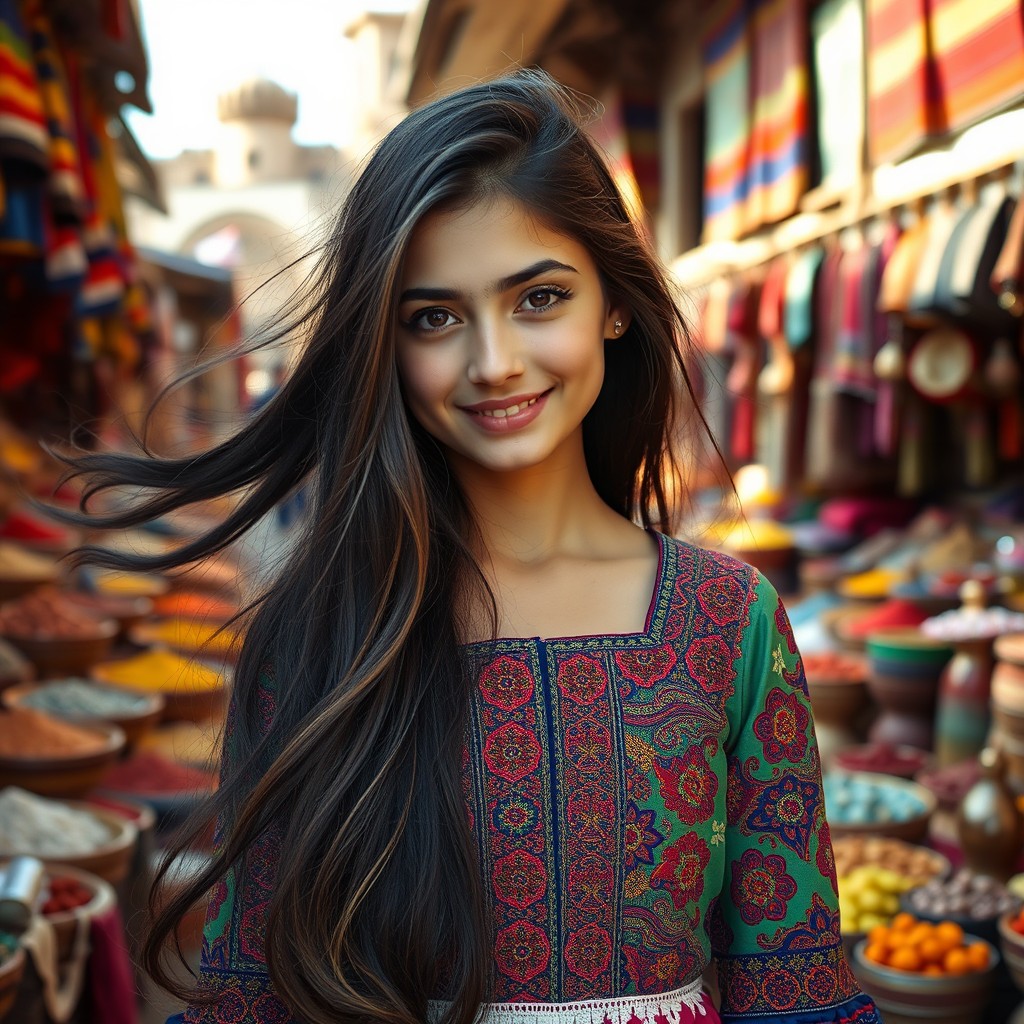 A stunning Syrian girl with long dark hair flowing in the wind, wearing a beautiful traditional dress adorned with intricate patterns