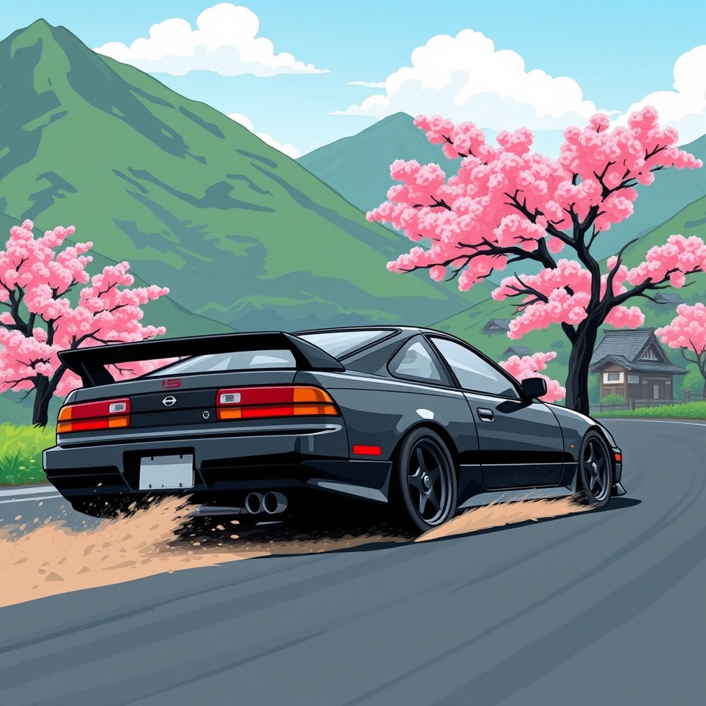 A vibrant cartoon t-shirt design featuring a sleek black Nissan 180sx drifting through a stunning mountain landscape