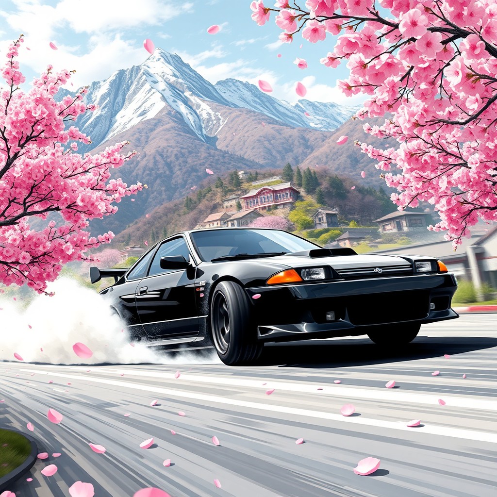 A dynamic T-shirt design featuring a black Nissan 180sx drifting effortlessly through a stunning mountainous landscape