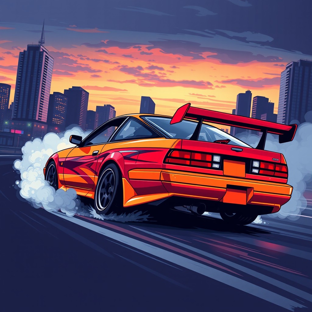 A vibrant and eye-catching t-shirt design featuring a classic 90's Nissan 180SX in an exhilarating drifting pose