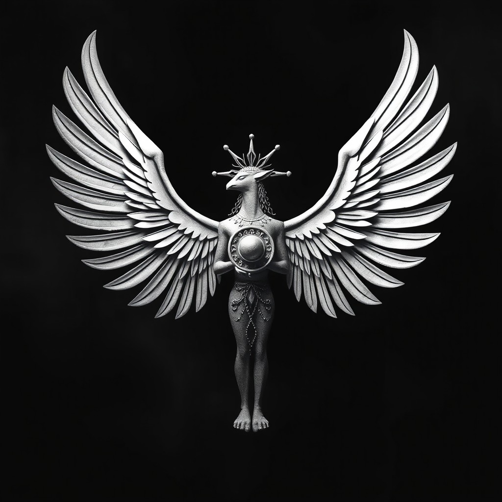 A striking black and white image of a Faravahar, a symbol of Zoroastrianism, depicted in intricate detail with its wings spread wide and the figure elegantly posed