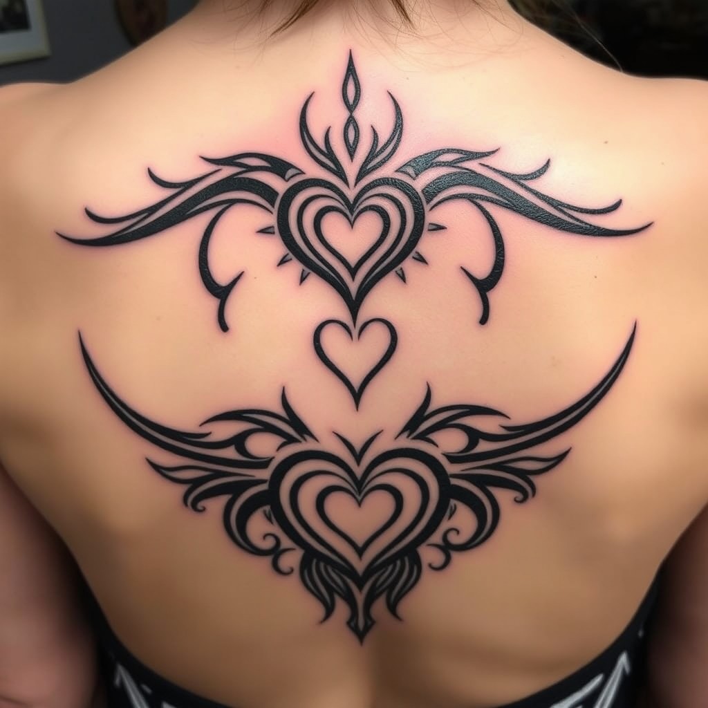A stunning tribal tattoo design featuring a central heart, repeated symmetrically with the upper tribal design being smaller and the lower one larger