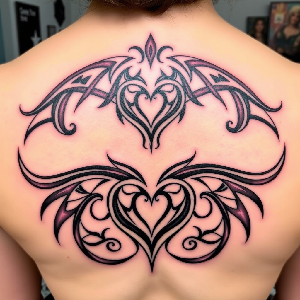 A beautifully designed tribal tattoo featuring a central heart motif, repeated symmetrically
