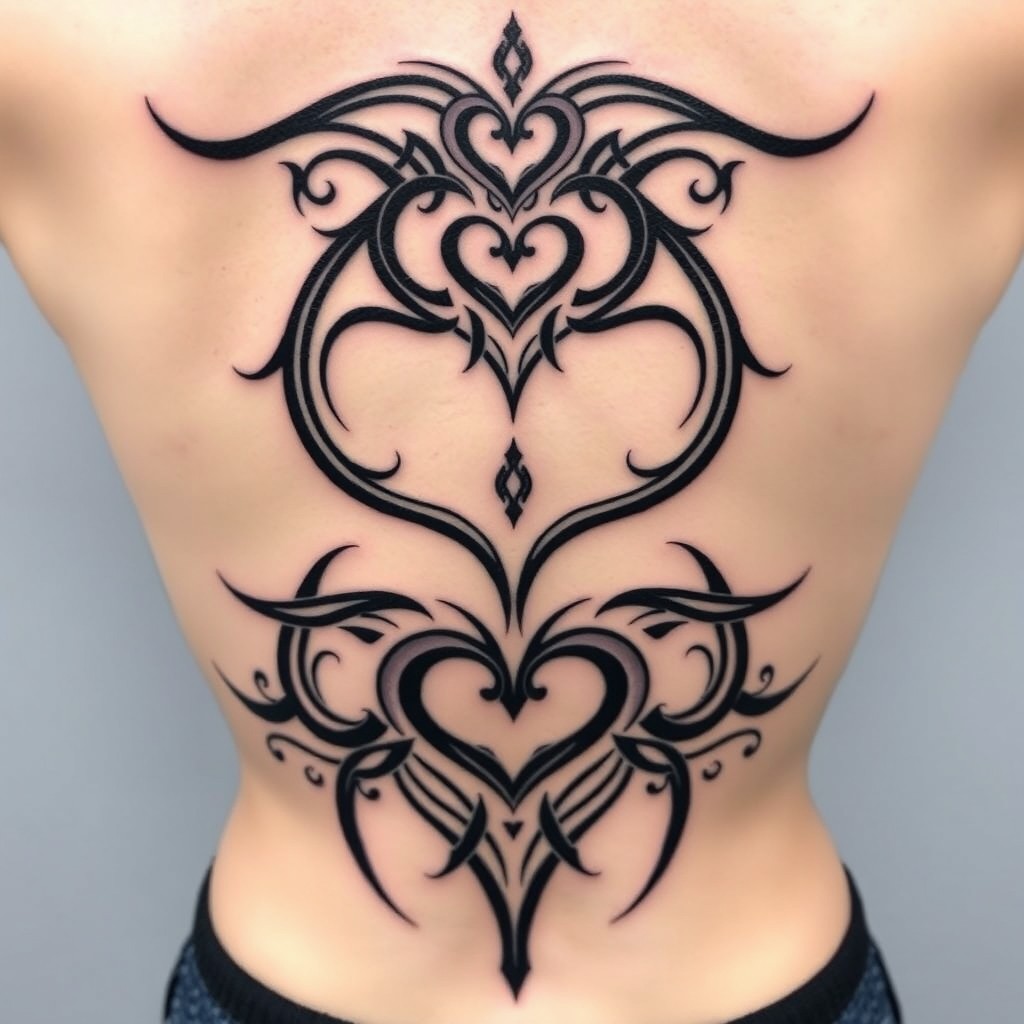 A beautifully designed tribal tattoo featuring a central heart, repeated symmetrically
