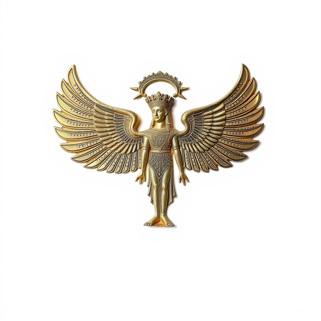 A detailed representation of the Achaemenid Faravahar, an ancient Persian symbol, positioned prominently against a white background, showcasing its intricate winged design and human figure symbolizing the soul
