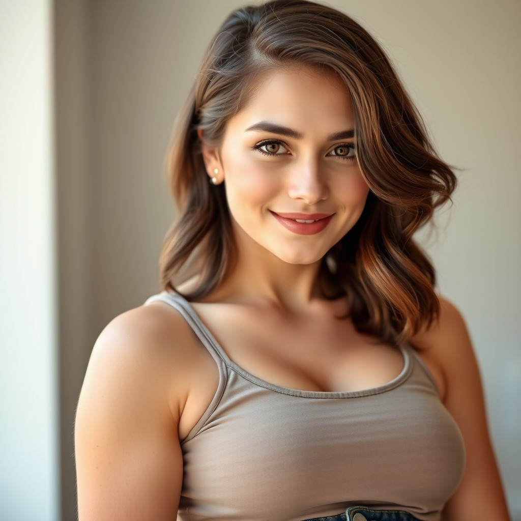 A beautiful young Caucasian woman with soft, fair skin and a curvy hourglass figure, positioned in a casual pose with a calm and approachable expression