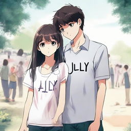 An emotionally charged scene of a boy and girl parting ways. The atmosphere reflects their sadness. The boy wears a shirt with 'July' printed on it, and the girl has 'March' on hers.