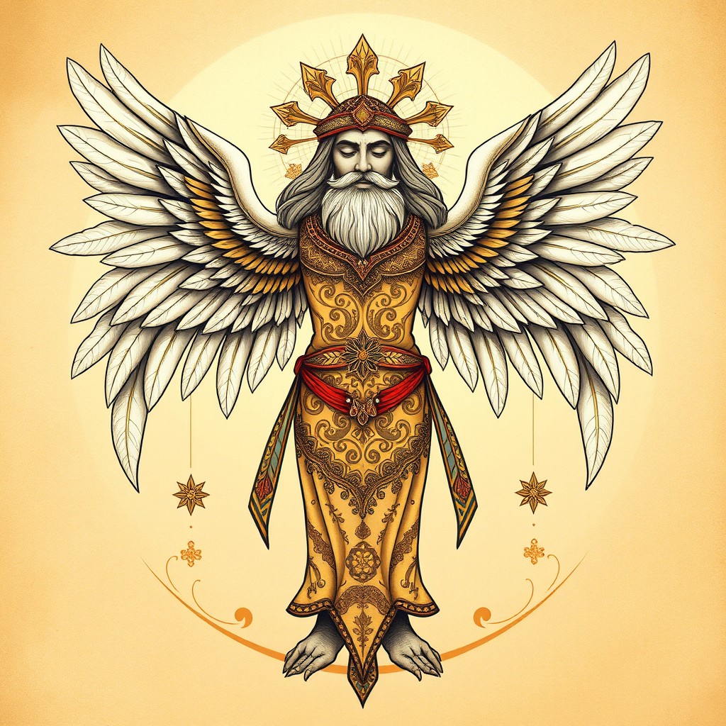A beautifully detailed artistic representation of Farvahar, an ancient Persian symbol embodying good thoughts, good words, and good deeds