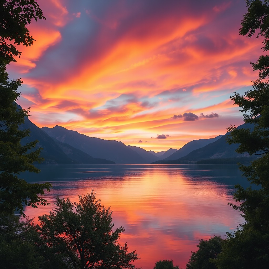A stunning landscape depicting a serene sunset over a tranquil lake, surrounded by majestic mountains