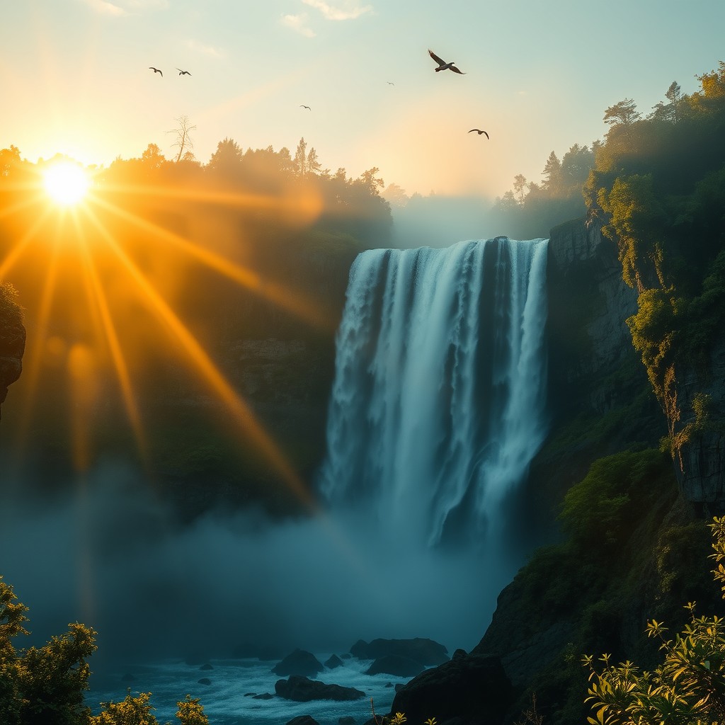 An epic scene of a waterfall cascading down rocky cliffs, surrounded by lush green forest