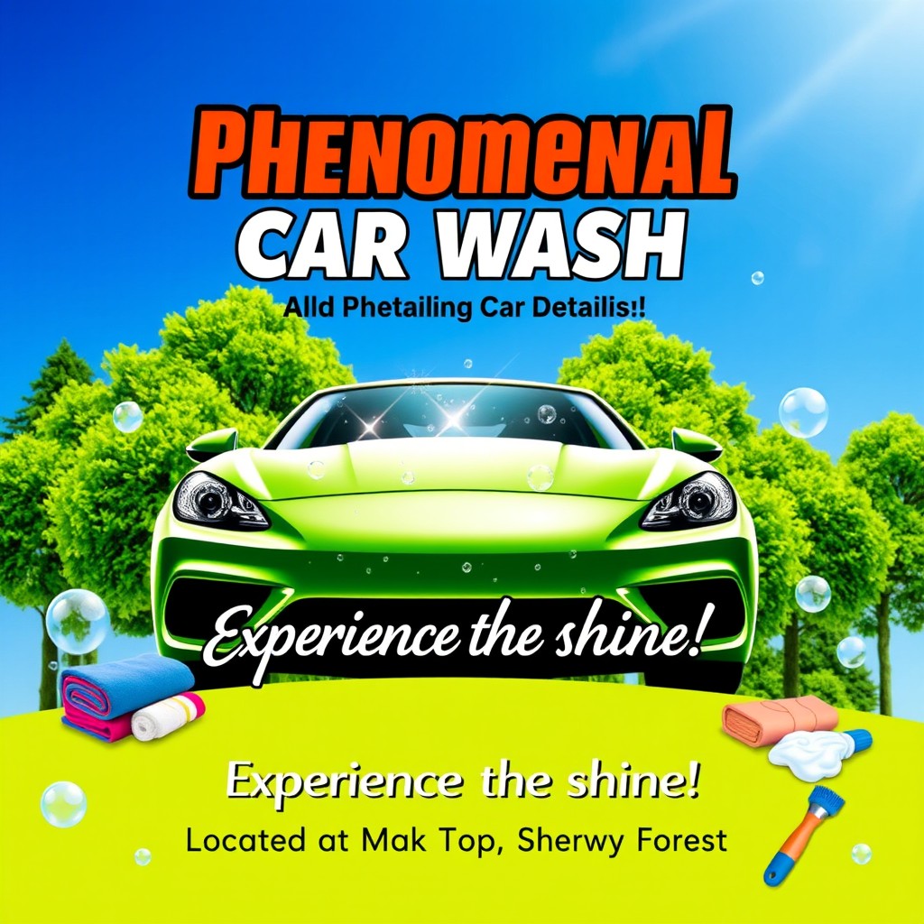 A vibrant and eye-catching poster for 'Phenomenal Car Wash and Detailing Service'