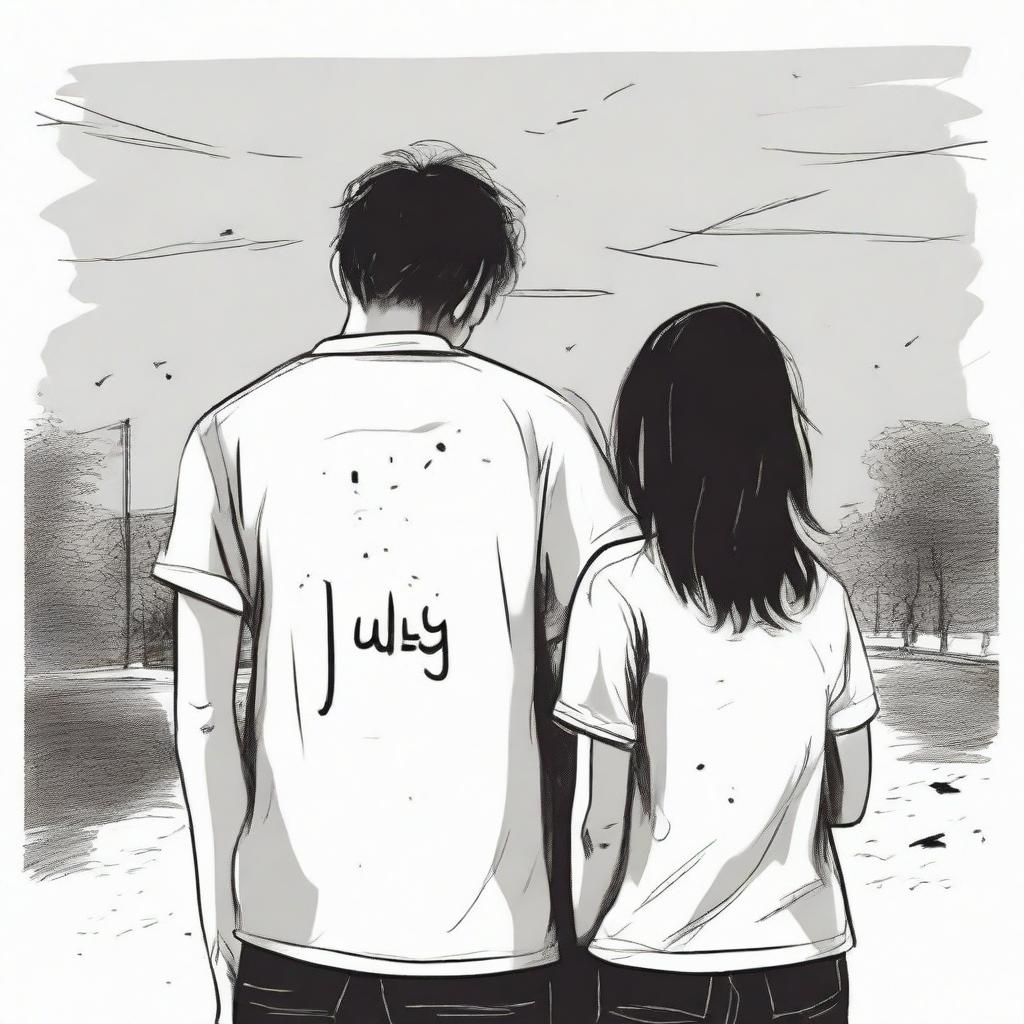 A profoundly moving scene of a boy and girl experiencing a breakup amidst a melancholic setting. The boy's shirt bearing 'July' echoes with longing while the girl's shirt with 'March' signifies a poignant goodbye.