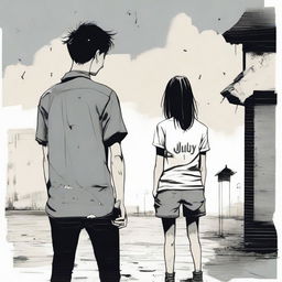 A profoundly moving scene of a boy and girl experiencing a breakup amidst a melancholic setting. The boy's shirt bearing 'July' echoes with longing while the girl's shirt with 'March' signifies a poignant goodbye.