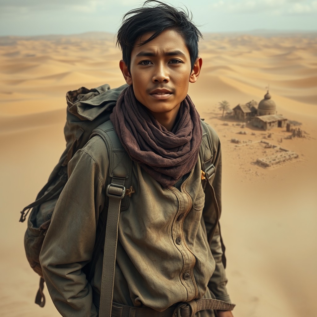 A full-body portrait of a character who is migrating or fleeing from a precarious political situation in their country