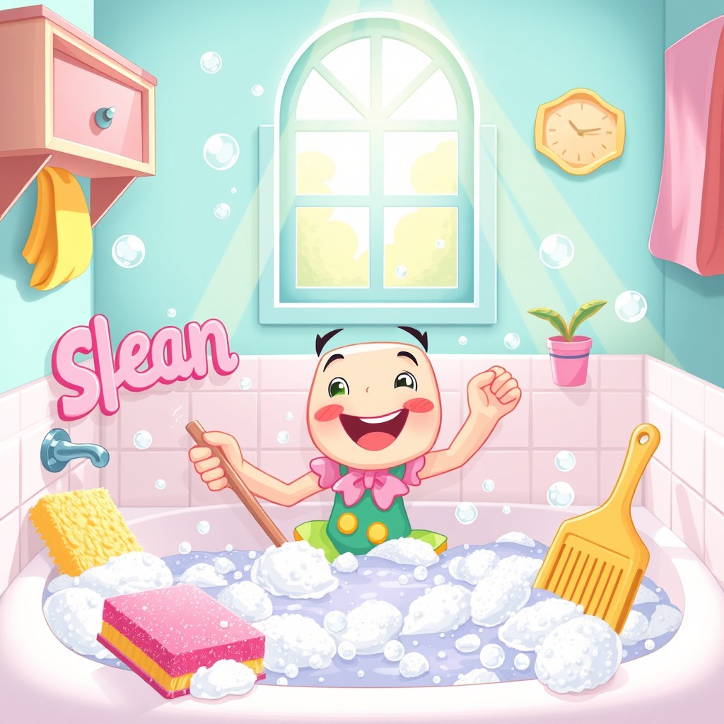 A whimsical scene of a cheerful character scrubbing a bathtub filled with bubbles, surrounded by colorful sponges and cleaning supplies