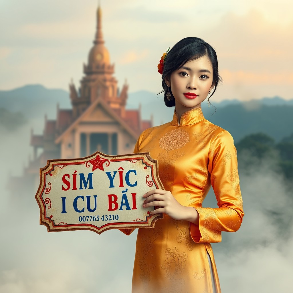 A beautiful Laotian girl dressed in a traditional sinh dress made of golden silk adorned with intricate naga patterns