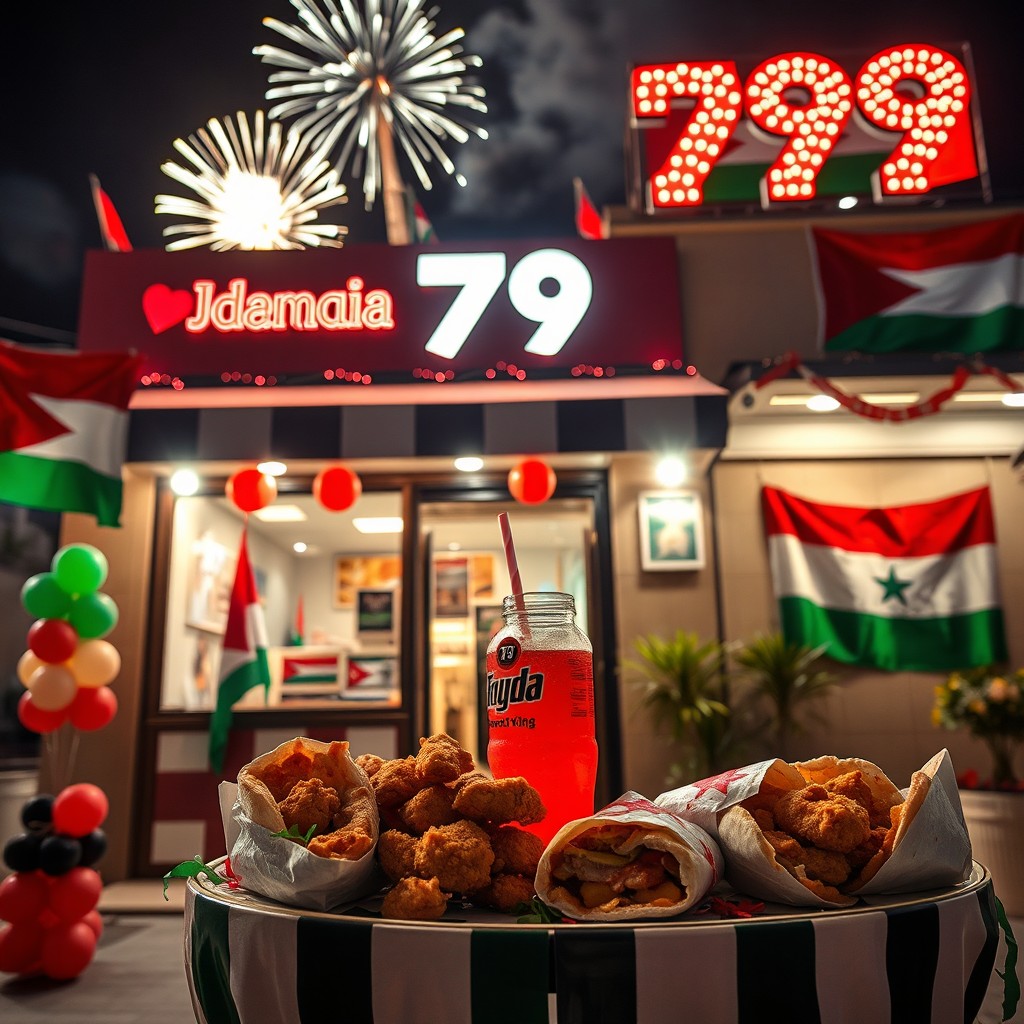A festive night scene outside a Jordanian fast food restaurant, decorated in the colors of the Jordanian flag to celebrate the 79th Independence Day