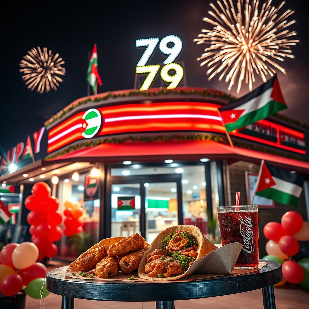 A festive night scene outside a Jordanian fast food restaurant, beautifully decorated in the colors of the Jordanian flag (red, white, green, and black) to celebrate the 79th Independence Day