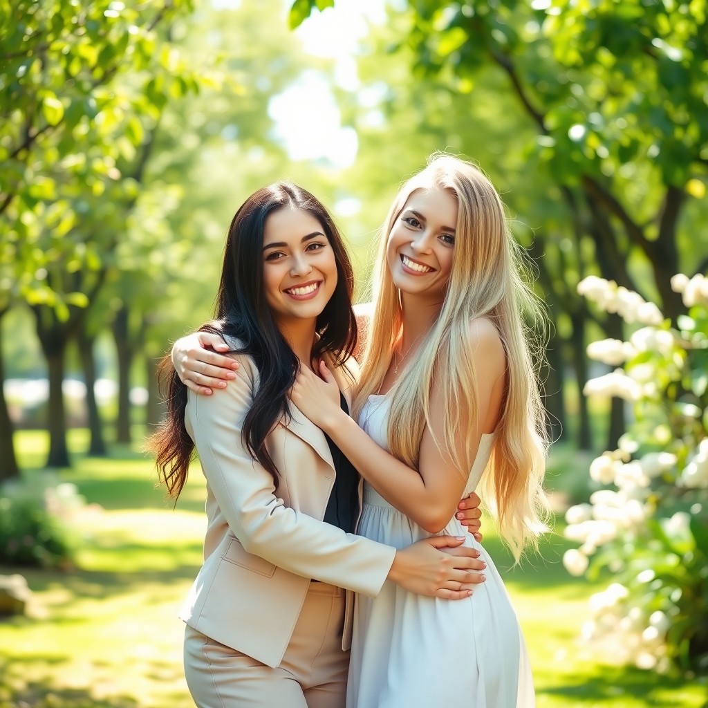 A beautiful scene featuring two young women embracing each other warmly