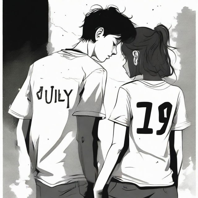 A profoundly moving scene of a boy and girl experiencing a breakup amidst a melancholic setting. The boy's shirt bearing 'July' echoes with longing while the girl's shirt with 'March' signifies a poignant goodbye.