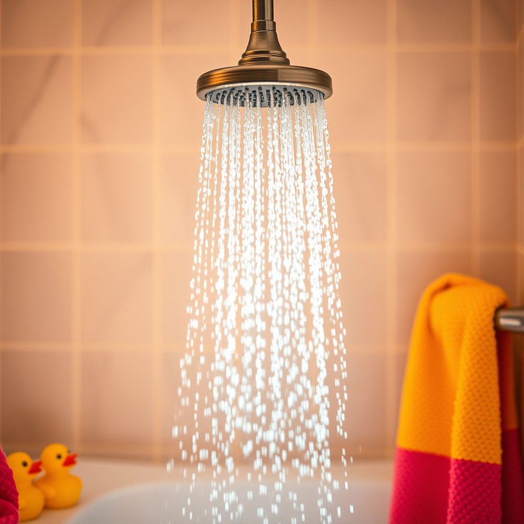 A serene bathroom scene featuring a gentle stream of water from a showerhead illuminating the space with soft light