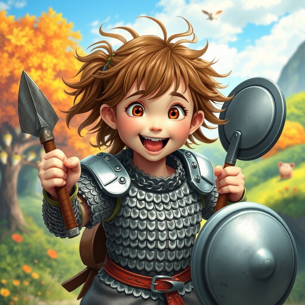 A hyperactive 12-year-old girl in a whimsical Ghibli style, bursting with energy and enthusiasm