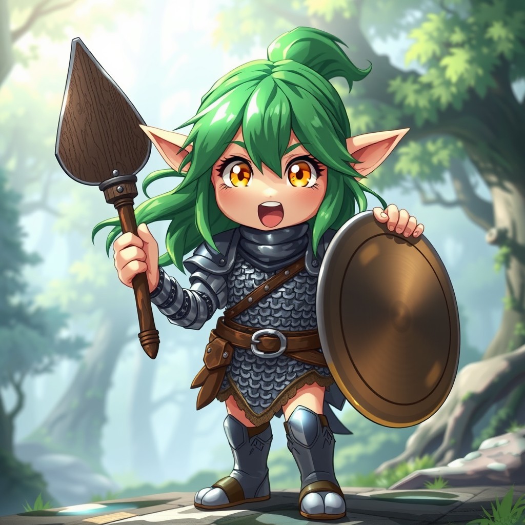 A pre-teen girl elf character in a whimsical Ghibli anime style, displaying excitement and hyperactivity
