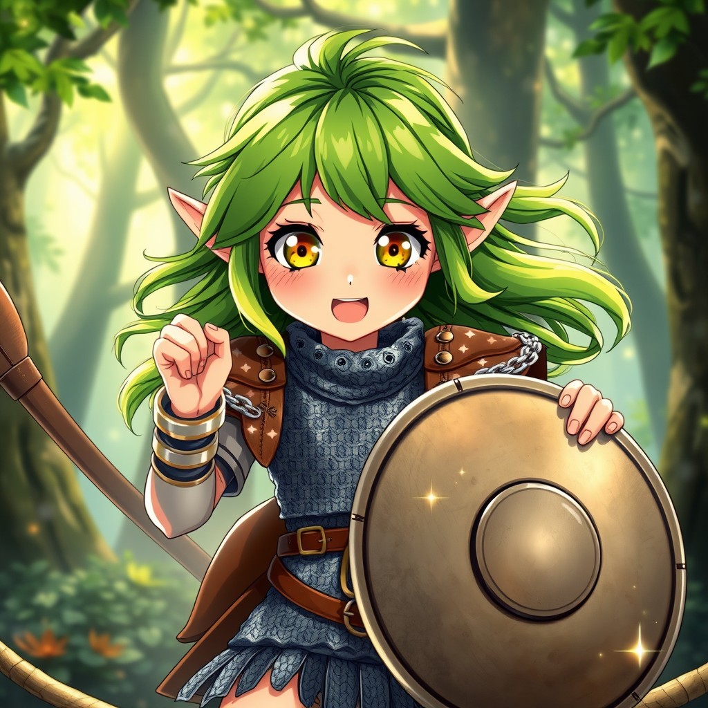 A pre-teen girl elf character in a delightful Ghibli anime style, radiating excitement and hyperactivity