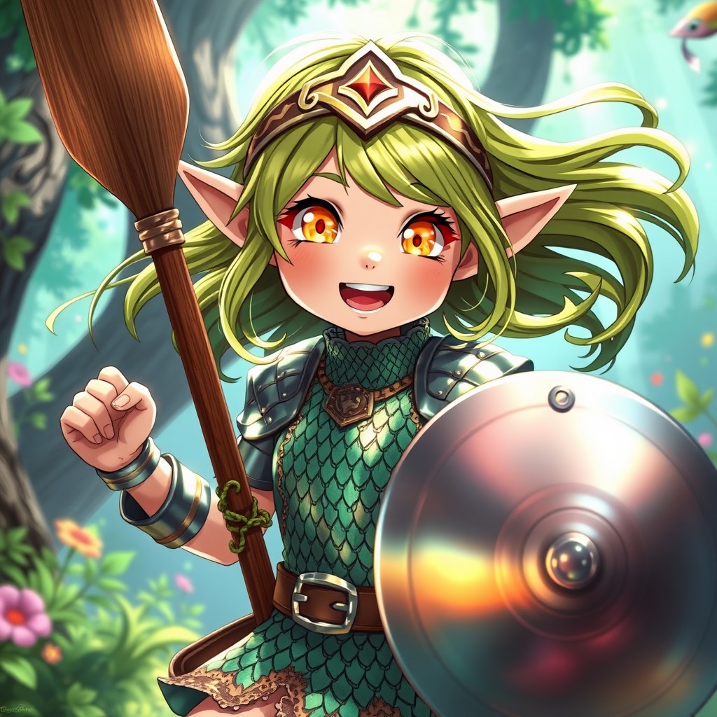 A pre-teen girl elf character in an enchanting Ghibli anime style, exuding excitement and hyperactivity